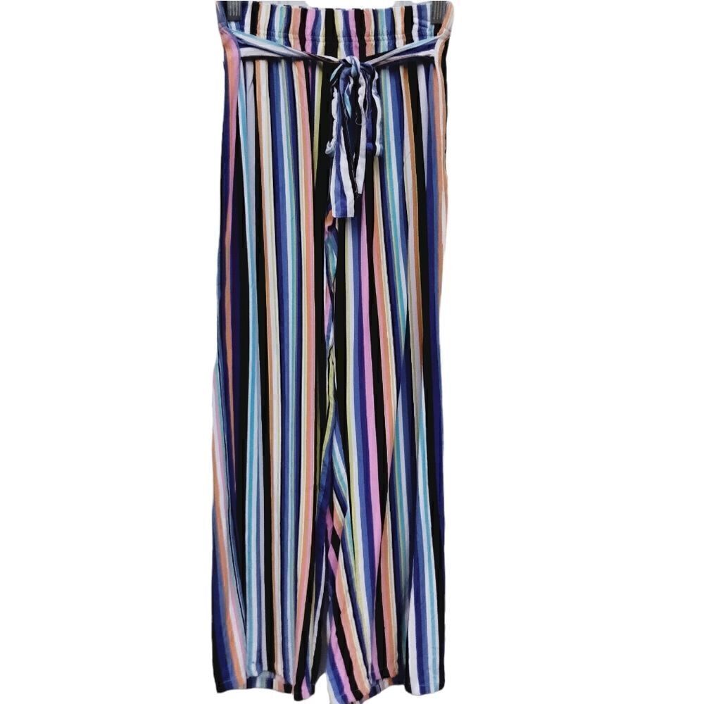 Helium London Wide Leg Pants Size S Vertical Stripes Purple Pink Black Front Tie